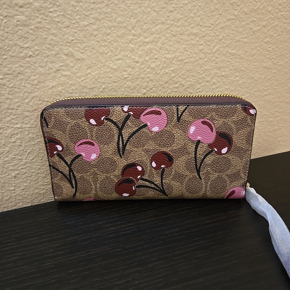 Coach Long Zip Around Wallet In Signature Canvas With Cherry Print - Picture 9 of 13